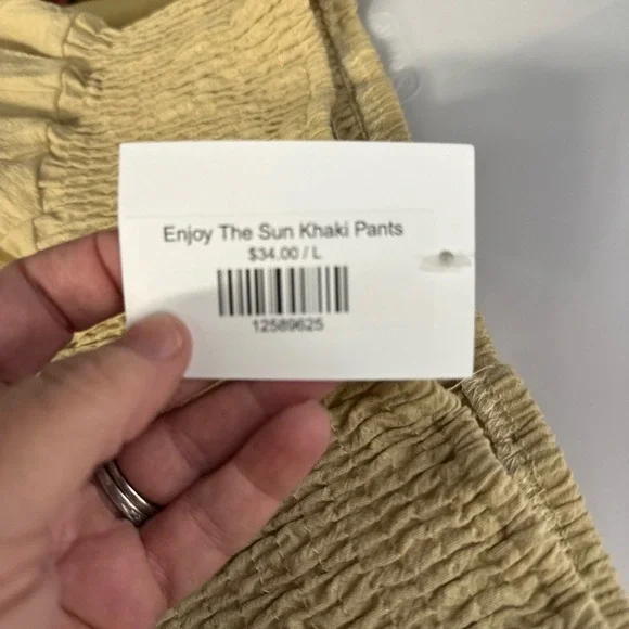 Ribbon Chix Boutique Enjoy The Sun Khaki Pants Smocked Waist Wide Leg NWT Large - Picture 6 of 7